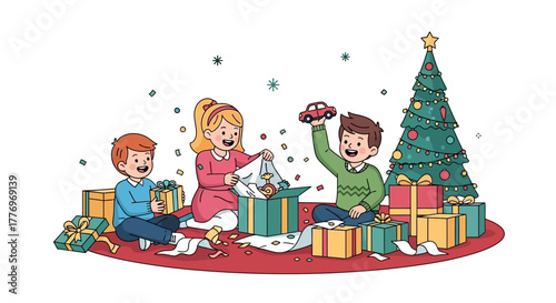 Three kids open gifts around a decorated Christmas tree surrounded by presents and wrapping paper