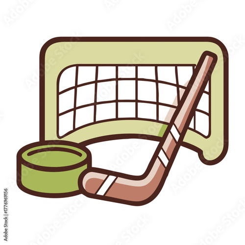 Hockey equipment with puck in front of the goal net