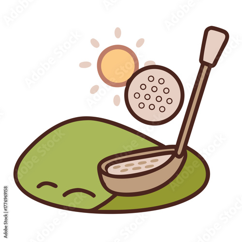 Golf club with ball on green with sunshine illustration