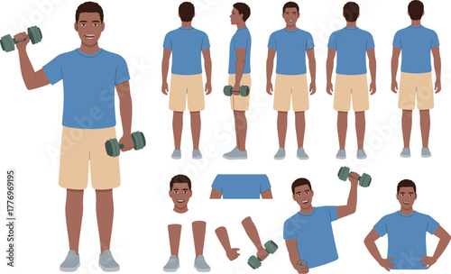 Young man lifting dumbbells, fitness training character set, workout exercise vector illustration, healthy lifestyle, gym concept design for animation