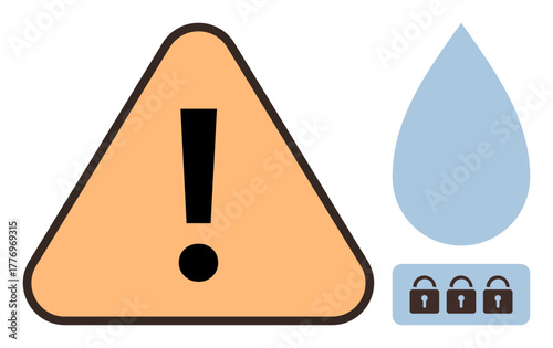 Warning triangle with bold exclamation highlights risk alongside a water droplet with lock icons symbolizing conservation, security, or protection. Ideal for safety, alerts, security, conservation