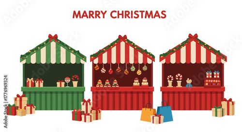 Christmas market stalls each has candy treats gifts garland ribbons awnings and are under Marry Christmas text
