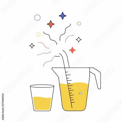 Cartoon Measuring Cup Pouring Liquid into a Glass