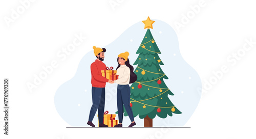Couple exchanging gifts by a decorated Christmas tree