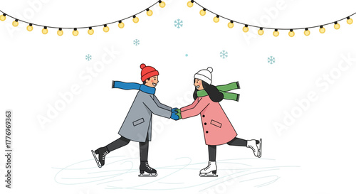 Couple ice skating under snowflakes and string lights holding hands