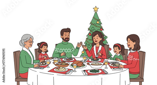 Family seated around a holiday dinner table with a decorated Christmas tree in the background