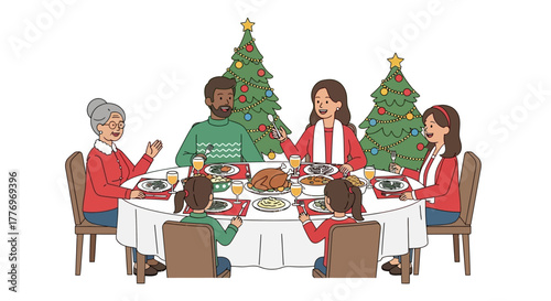 Family of seven at a holiday dinner table with Christmas trees