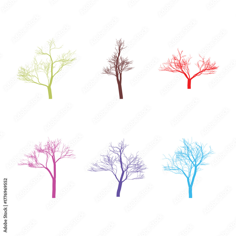 Fototapeta premium Colorful Minimalist Tree Silhouettes Collection with Green Brown Red Pink Purple and Blue Trees on White Background