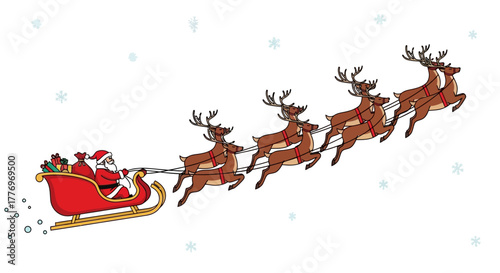Santa in a red sleigh pulled by five reindeer flies across a snowy sky