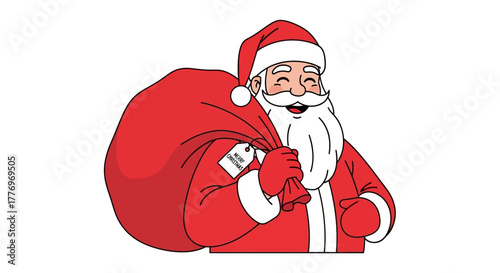 Santa Claus smiles holding a red sack labeled Merry Christmas