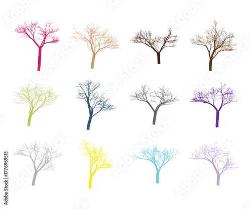 Collection of Colorful Trees Without Leaves Vector Illustration in Various Shades Against White Background Botanical Presentation Fall Season Different Styles