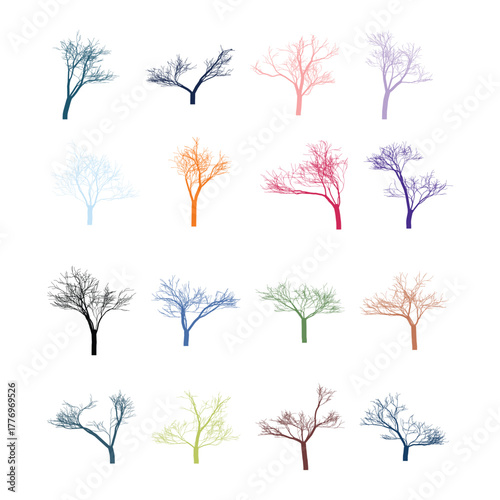 Collection of Stylized Tree Illustrations in Various Colors and Arrangements Against a White Background Perfect for Design Projects