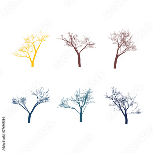 Colorful Bare Trees Silhouette Set Against White Background Abstract Design Illustration