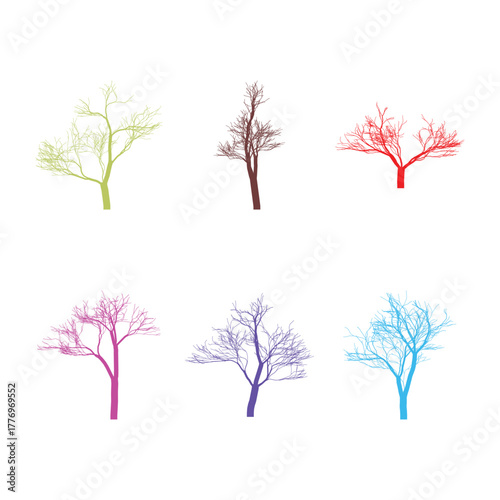 Colorful Minimalist Tree Silhouettes Collection with Green Brown Red Pink Purple and Blue Trees on White Background