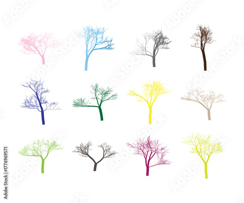 Colorful Bare Trees Silhouettes Isolated on White Background Artistic Tree Collection Multiple Color Trees for Design Elements