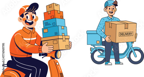 Cartoon delivery workers, scooter transport, package logistics, courier service, cardboard boxes, express shipping, urban mobility, smiling characters, parcel handling, vector illustration