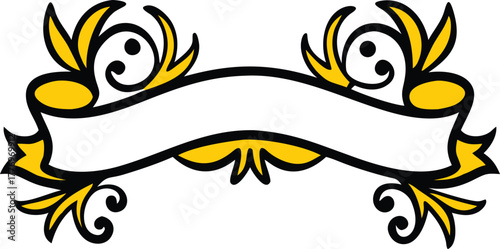 Ornate design with a central blank white banner flanked by swirling black and gold floral motifs. The style is elegant and decorative.