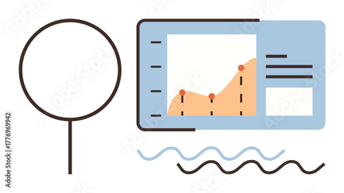 Line chart with upward trends, data points, clear interface, and magnifying glass. Ideal for business, analytics, data visualization, market research insights trends and growth tracking. Simple