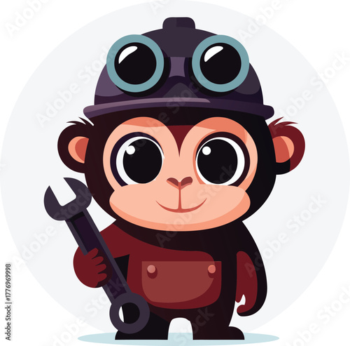 A cute cartoon monkey wearing a miner's helmet with goggles, holding a wrench, smiles warmly. The background is a simple light gray circle.