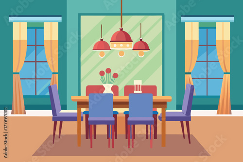 Illustration of a cozy dining room with a wooden table, six blue chairs, three red pendant lights, and flowers in a vase. Two windows have yellow curtains.