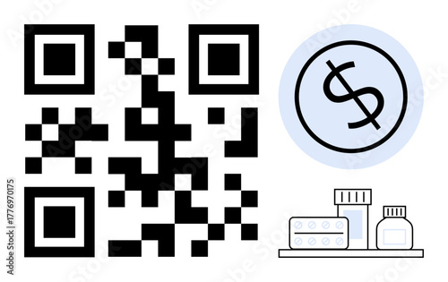 QR code, dollar sign in circle, medicine box, and bottle. Ideal for payment, e-commerce, healthcare, finance pharmacy technology and modern consumer transactions. Simple flat metaphor