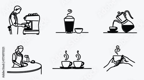 Coffee preparation and serving vector illustration set for menu design