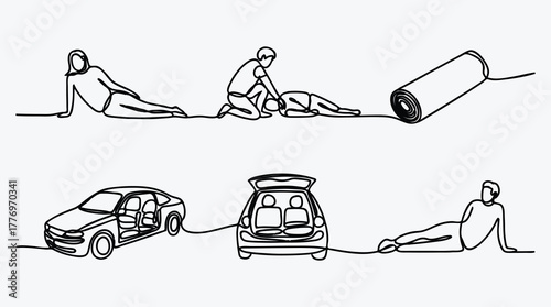 Continuous line drawing illustrating interconnectedness with human figures car and yoga mat