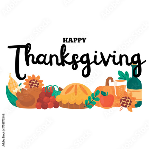 Happy Thanksgiving Illustration Festive elements of turkey, pie, pumpkin, fruits and fall season symbols