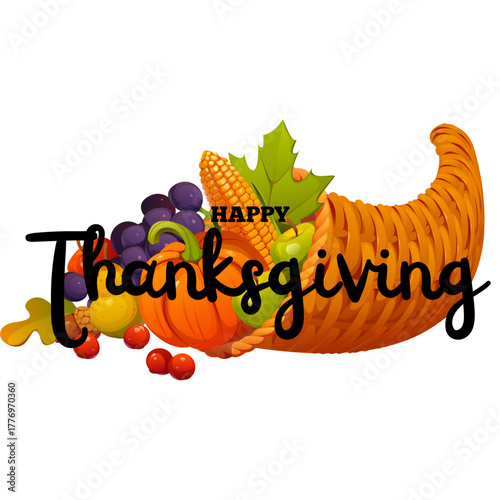 Happy Thanksgiving greeting with a festive cornucopia horn of plenty overflowing with autumn harvest fruits and vegetables on a white background