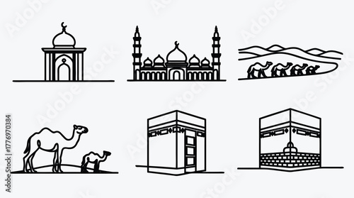 Islamic Icon Set with Mosque Camel Desert and Kaaba Silhouettes