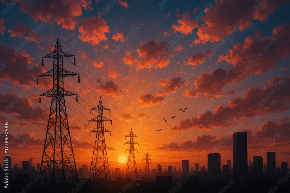 Fototapeta premium Power line towers in a city skyline at sunset with dramatic orange clouds and birds flying