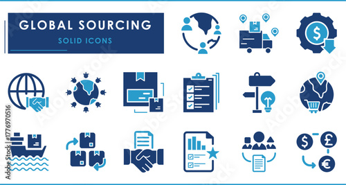 Global Sourcing related solid icons set. Vector filled icons.