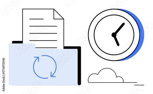 Folder with synchronized document, clock illustrating time tracking, and cloud element. Ideal for data backup, time management, cloud storage, organization, task planning, workflow simple flat