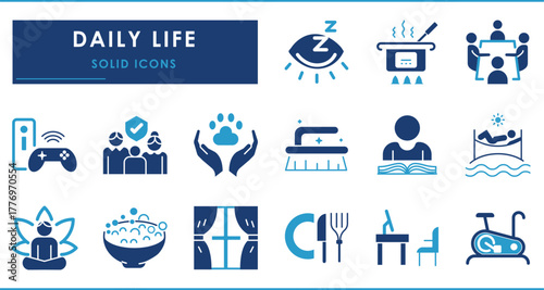 Daily life related solid vector icons set.