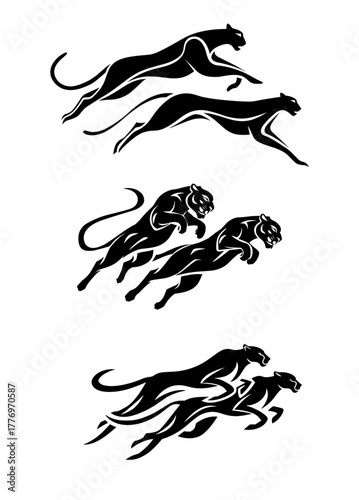 Running Big Cats – Cheetah and Panther Vector Silhouette Set