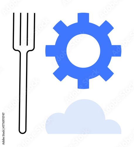 Fork, gear, and cloud visualizing integration of tools, innovation, cloud solutions, and teamwork. Ideal for tech development, system integration, cloud computing teamwork efficiency planning