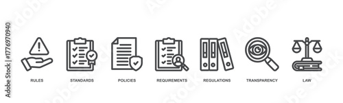 Compliance concept icon illustration contain rules, standards, policies, requirements, regulations, transparency and law.