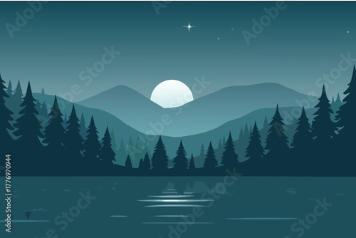 Minimalist landscape with a serene night scene. A full moon rises over distant mountains, framed by pine trees, with a calm lake reflecting moonlight.