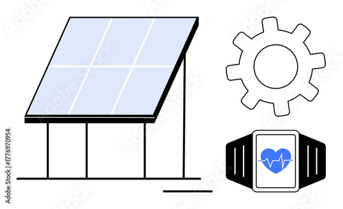 Solar panel, smartwatch with heart rate monitor, and gear showcase renewable energy, technology, health, automation, innovation, eco-living and future-forward solutions. Ideal for sustainable