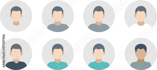 A grid of eight circular gray icons featuring simplified, faceless male avatars with short, dark hair and different shirt colors, against a white background.