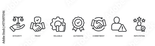 Credibility concept icon illustration contain integrity, trust, reliability, authentication, commitment, regard and reputation.