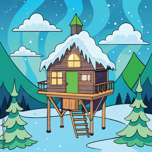A wooden cabin on stilts stands in a snowy landscape under an aurora sky. Evergreen trees surround the cabin, which has a snow-covered roof and a green door.