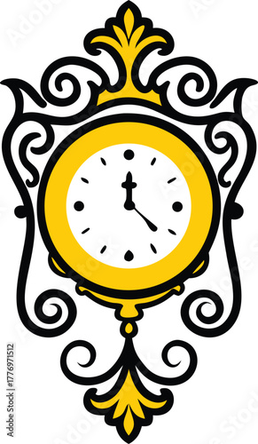 Ornate, yellow and black vintage clock illustration with intricate swirls on white background, conveying elegance and timelessness.