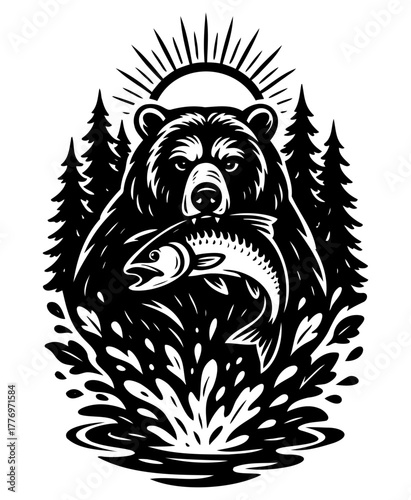 Bear Catching Fish in Forest Lake – Wildlife Vector Scene