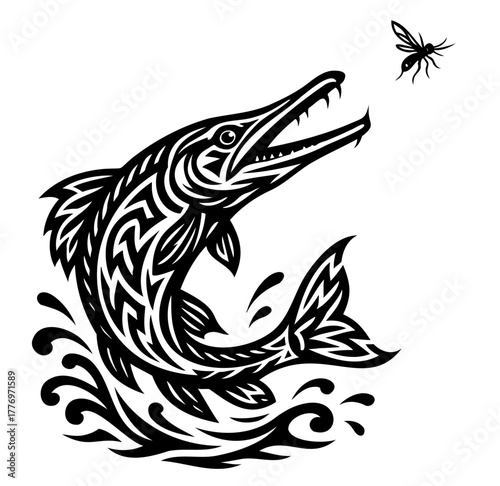 Pike Jumping after a Fly – Tribal Style Fishing Vector Design