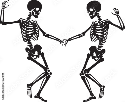 Two joyful dancing skeletons holding hands, a fun and spooky illustration perfect for Halloween, friendship, or macabre celebration themes.