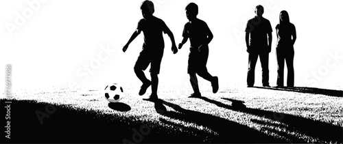 High-contrast vector silhouette of two boys playing soccer while parents observe. Design for youth sports programs, family fitness websites, or coaching materials. EPS version.