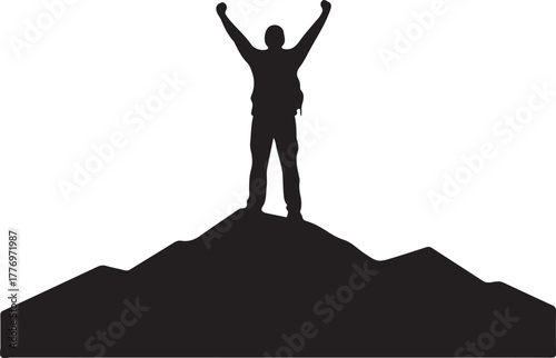 Silhouette of a triumphant hiker or climber on a mountain peak at sunrise or sunset, symbolizing achievement, success, and outdoor adventure