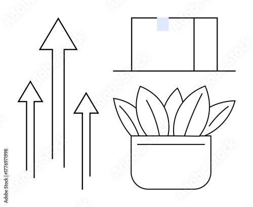 Arrows indicating growth, potted plant symbolizing sustainability, and workspace elements. Ideal for growth, sustainability, success, productivity, development eco-friendliness modern design. A