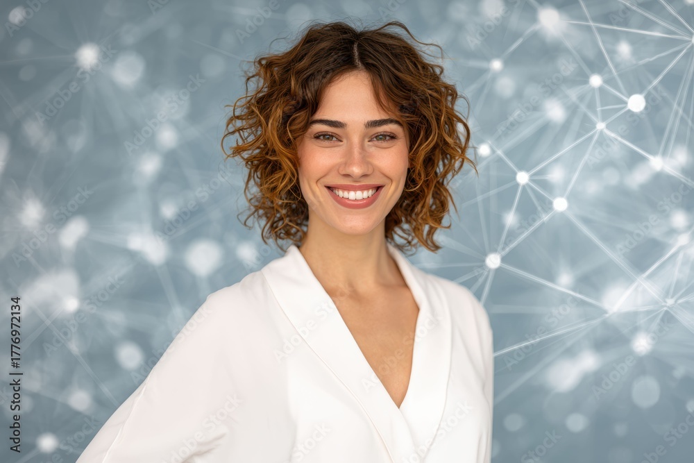 Fototapeta premium Bright lines and glowing nodes connect around a woman, symbolizing digital networks and technology. The visuals emphasize innovation and data flow.